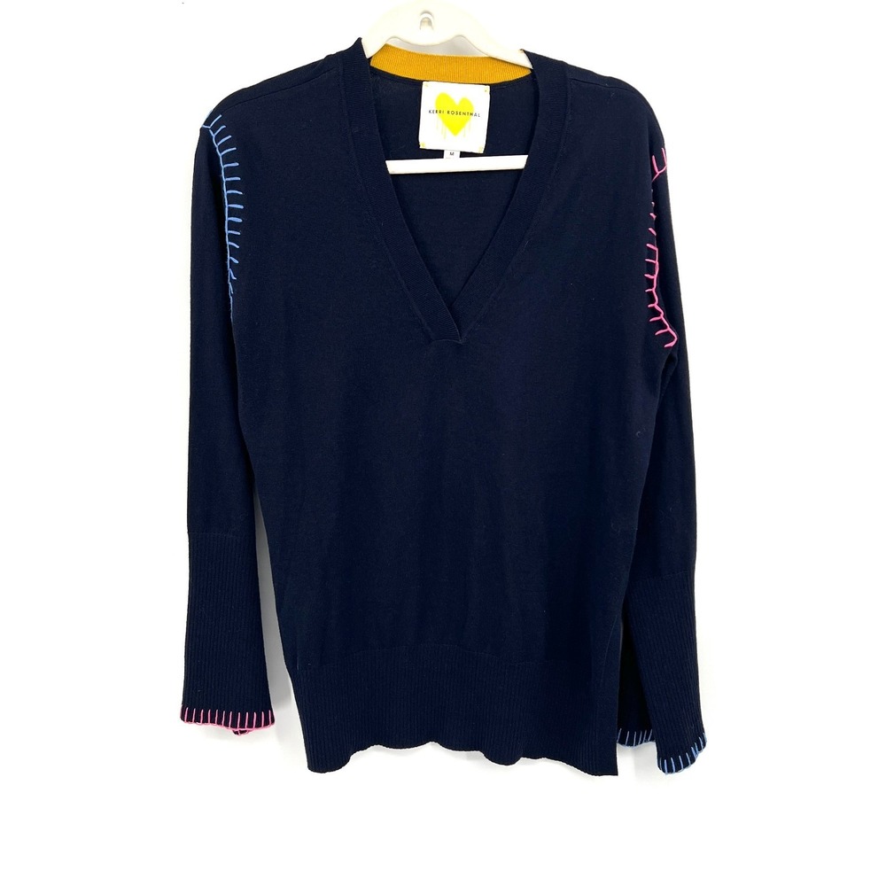 Kerri Rosenthal navy blue v-neck sweater pullover embroidered kidcore cashmere M